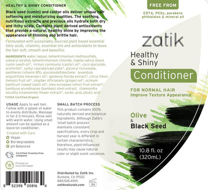 Zatik Naturals Healthy & Shiny Shampoo and Conditioner Set with Olive and Black Seed - Voluminizing & Safe for Color Treated Hair, 10.8 fl oz Each Avelisse