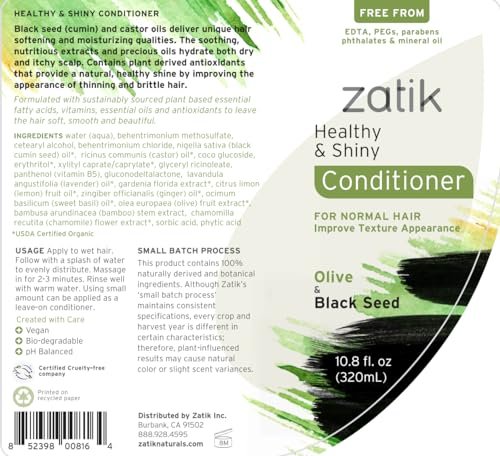 Zatik Naturals Healthy & Shiny Shampoo and Conditioner Set with Olive and Black Seed - Voluminizing & Safe for Color Treated Hair, 10.8 fl oz Each Avelisse