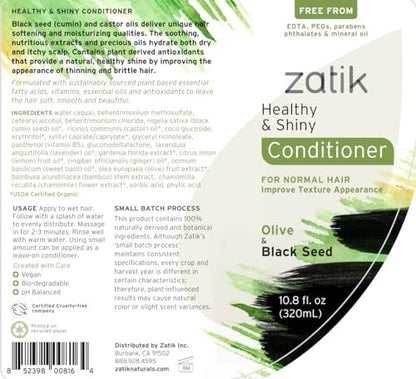 Zatik Naturals Healthy & Shiny Shampoo and Conditioner Set with Olive and Black Seed - Voluminizing & Safe for Color Treated Hair, 10.8 fl oz Each Avelisse