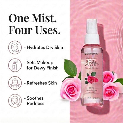 NATURE WELL Rose Water Hydrating Facial Toner Mist for Dewy & Radiant Skin, Refreshing, Conditioning, Soothing, Moisturizing, Perfect for Travel, 4 Fl Oz