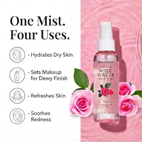 NATURE WELL Rose Water Hydrating Facial Toner Mist for Dewy & Radiant Skin, Refreshing, Conditioning, Soothing, Moisturizing, Perfect for Travel, 4 Fl Oz - görsel 4