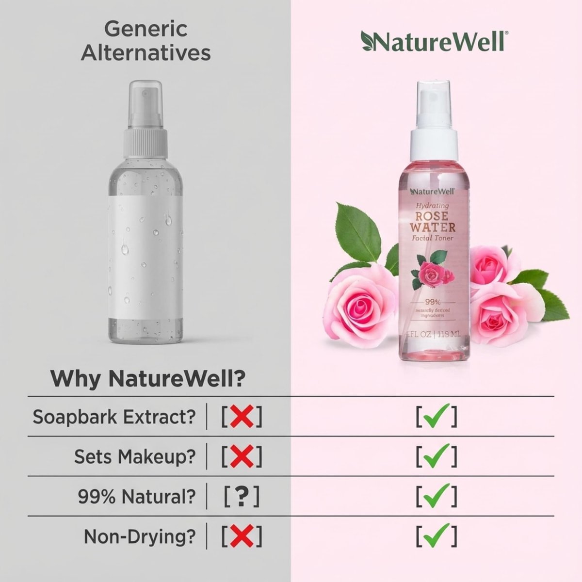 NATURE WELL Rose Water Hydrating Facial Toner Mist for Dewy & Radiant Skin, Refreshing, Conditioning, Soothing, Moisturizing, Perfect for Travel, 4 Fl Oz - görsel 11
