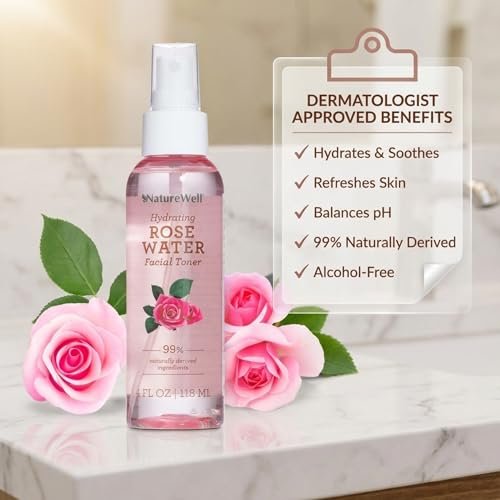 NATURE WELL Rose Water Hydrating Facial Toner Mist for Dewy & Radiant Skin, Refreshing, Conditioning, Soothing, Moisturizing, Perfect for Travel, 4 Fl Oz - görsel 8
