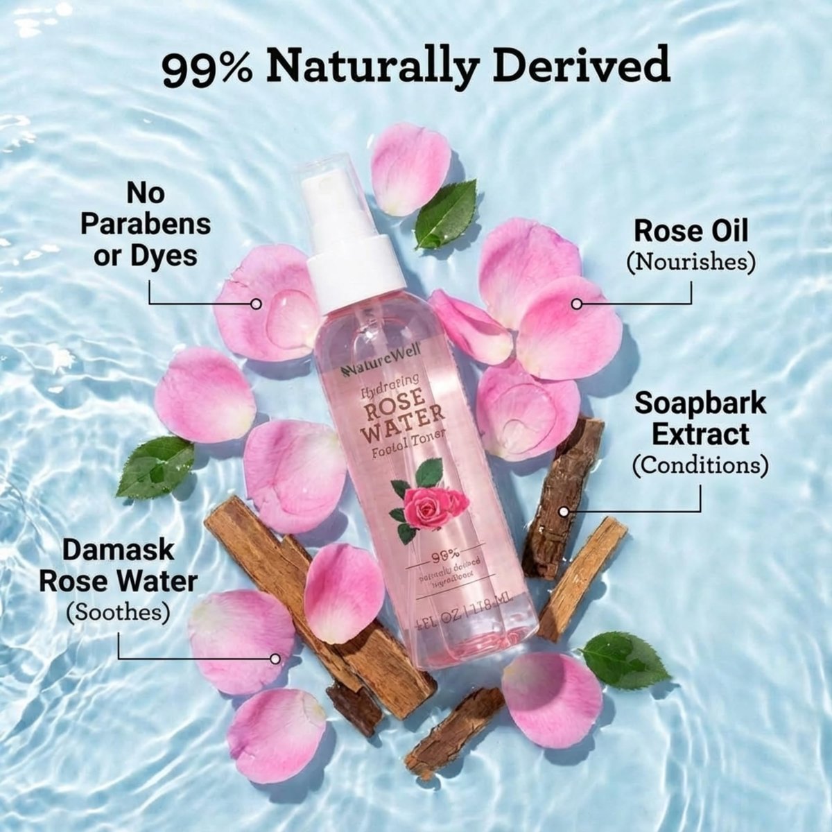 NATURE WELL Rose Water Hydrating Facial Toner Mist for Dewy & Radiant Skin, Refreshing, Conditioning, Soothing, Moisturizing, Perfect for Travel, 4 Fl Oz - görsel 5