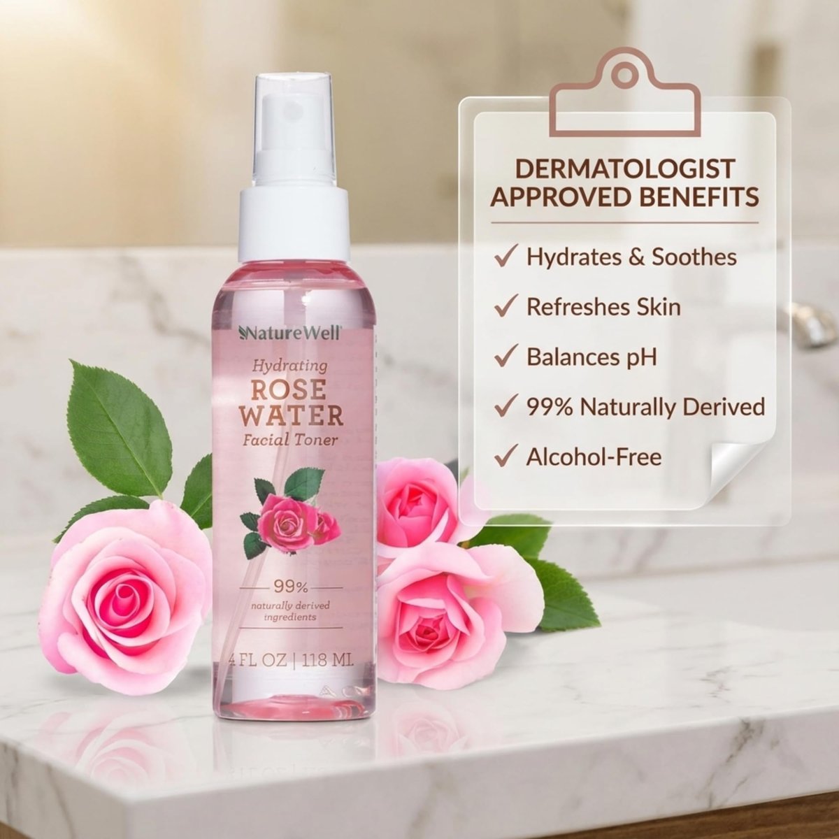 NATURE WELL Rose Water Hydrating Facial Toner Mist for Dewy & Radiant Skin, Refreshing, Conditioning, Soothing, Moisturizing, Perfect for Travel, 4 Fl Oz - görsel 7