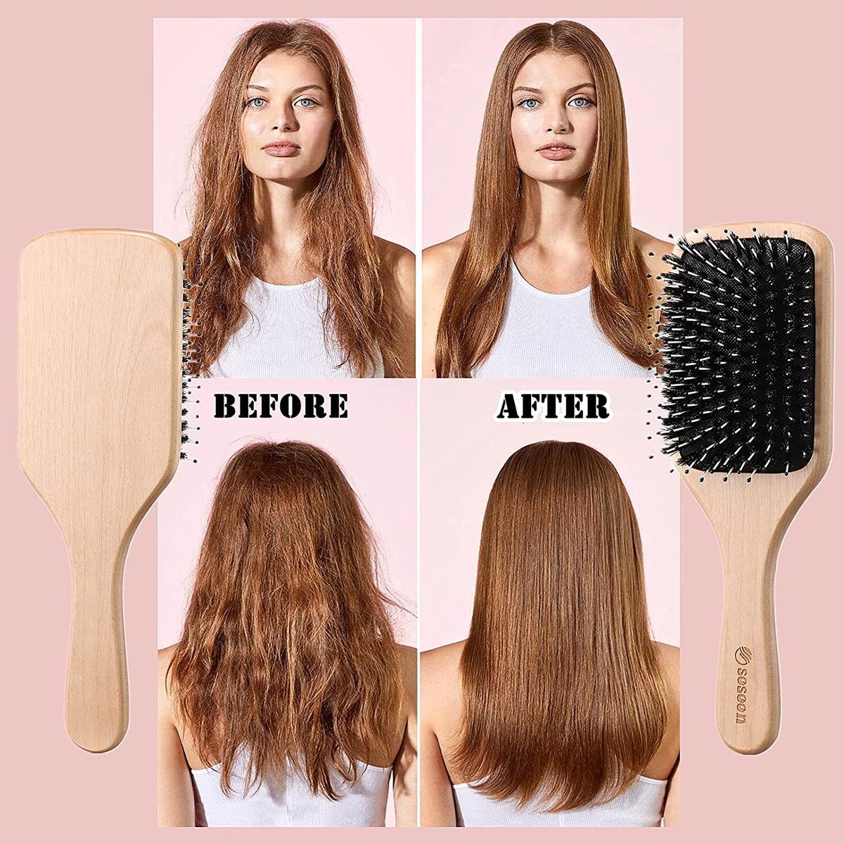 Sosoon Boar Bristle Paddle Hairbrush for All Hair Types – Detangles, Smooths & Adds Shine (Includes Gift Box & Tail Comb) - görsel 8