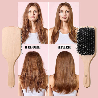 Sosoon Boar Bristle Paddle Hairbrush for All Hair Types – Detangles, Smooths & Adds Shine (Includes Gift Box & Tail Comb)