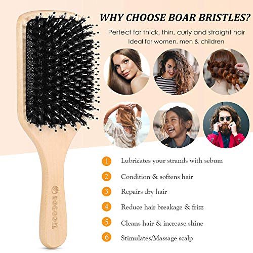 Sosoon Boar Bristle Paddle Hairbrush for All Hair Types – Detangles, Smooths & Adds Shine (Includes Gift Box & Tail Comb) - görsel 5