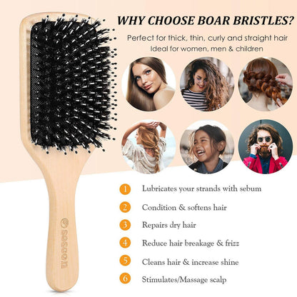 Sosoon Boar Bristle Paddle Hairbrush for All Hair Types – Detangles, Smooths & Adds Shine (Includes Gift Box & Tail Comb)