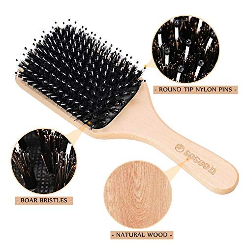 Sosoon Boar Bristle Paddle Hairbrush for All Hair Types – Detangles, Smooths & Adds Shine (Includes Gift Box & Tail Comb) - görsel 3