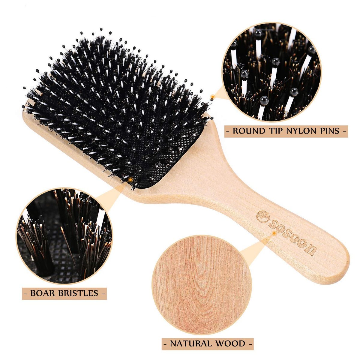 Sosoon Boar Bristle Paddle Hairbrush for All Hair Types – Detangles, Smooths & Adds Shine (Includes Gift Box & Tail Comb) - görsel 4