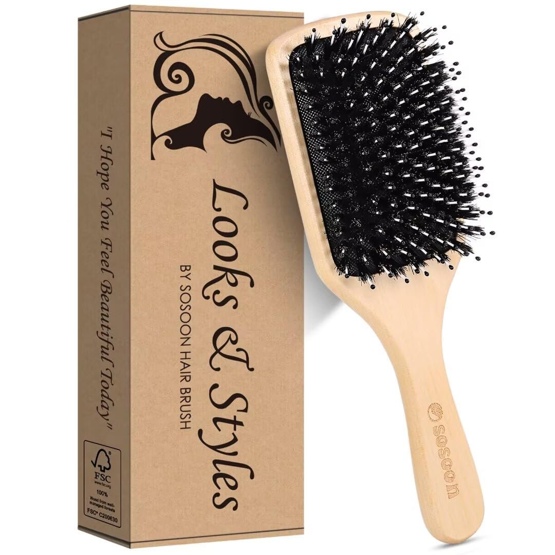 Sosoon Boar Bristle Paddle Hairbrush for All Hair Types – Detangles, Smooths & Adds Shine (Includes Gift Box & Tail Comb) - görsel 16