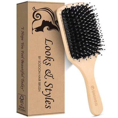Sosoon Boar Bristle Paddle Hairbrush for All Hair Types – Detangles, Smooths & Adds Shine (Includes Gift Box & Tail Comb)