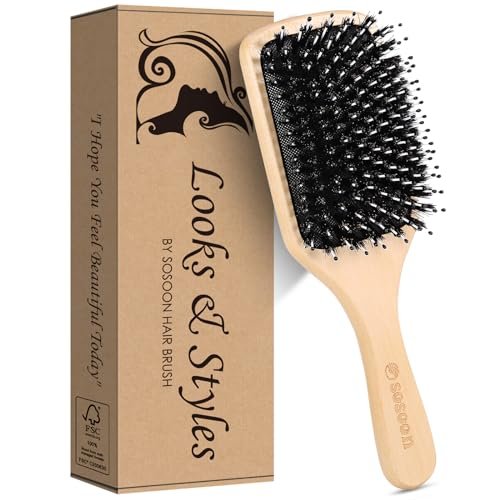 Sosoon Boar Bristle Paddle Hairbrush for All Hair Types – Detangles, Smooths & Adds Shine (Includes Gift Box & Tail Comb) - görsel 13