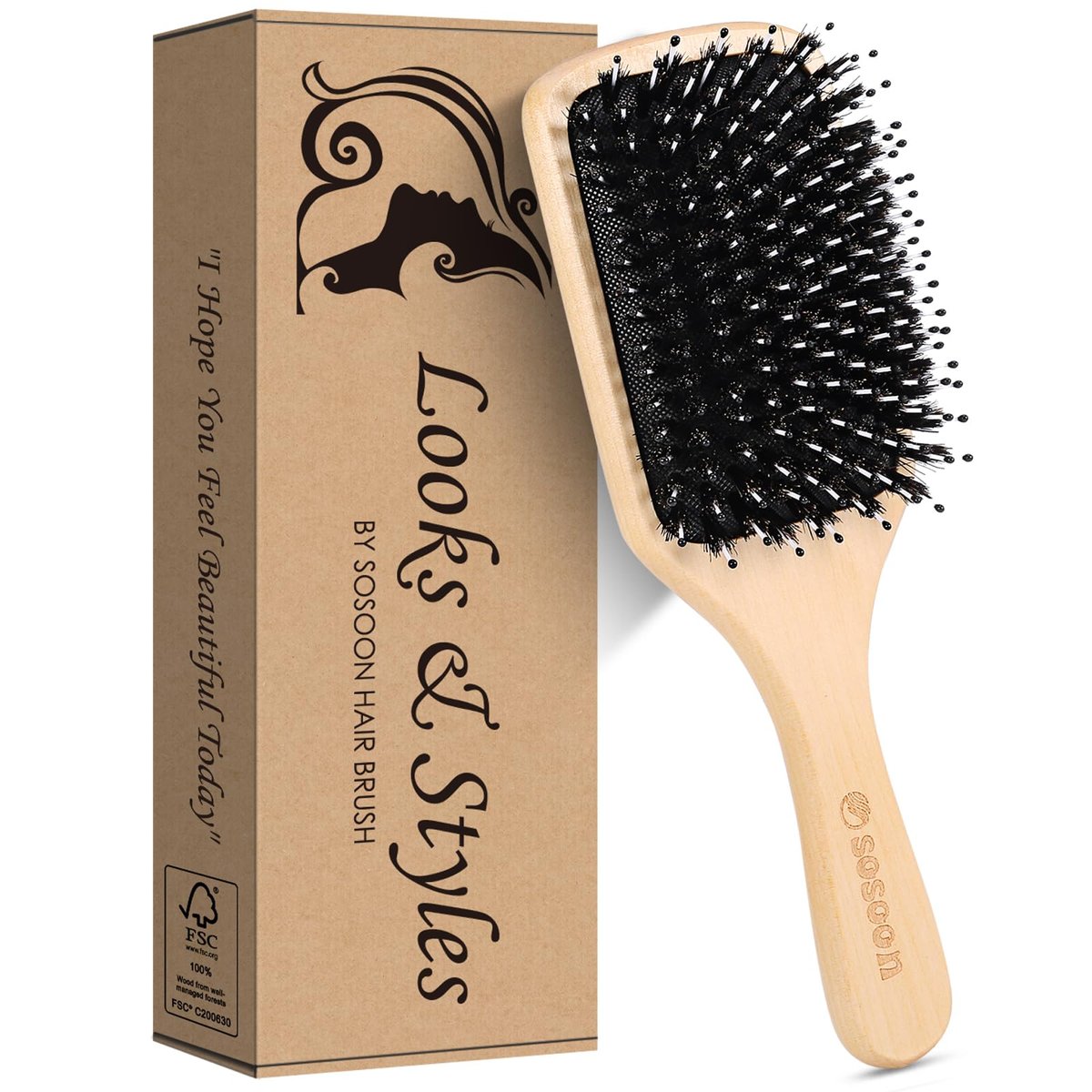 Sosoon Boar Bristle Paddle Hairbrush for All Hair Types – Detangles, Smooths & Adds Shine (Includes Gift Box & Tail Comb) - görsel 14