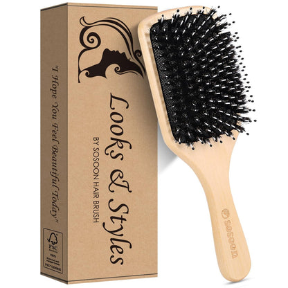 Sosoon Boar Bristle Paddle Hairbrush for All Hair Types – Detangles, Smooths & Adds Shine (Includes Gift Box & Tail Comb)