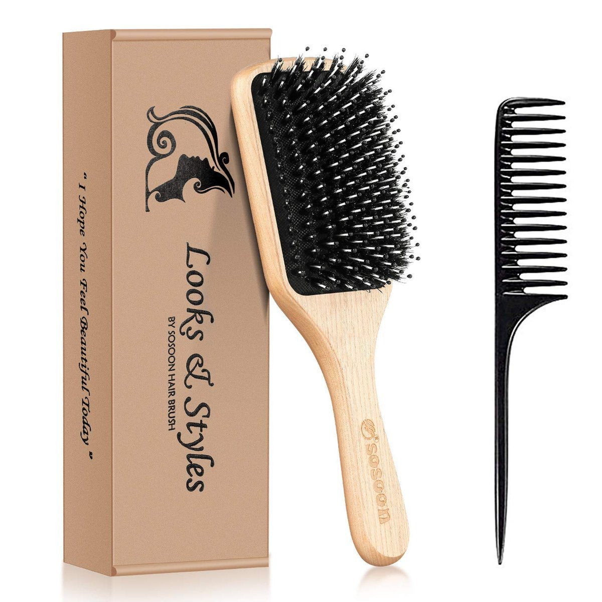 Sosoon Boar Bristle Paddle Hairbrush for All Hair Types – Detangles, Smooths & Adds Shine (Includes Gift Box & Tail Comb) - görsel 2