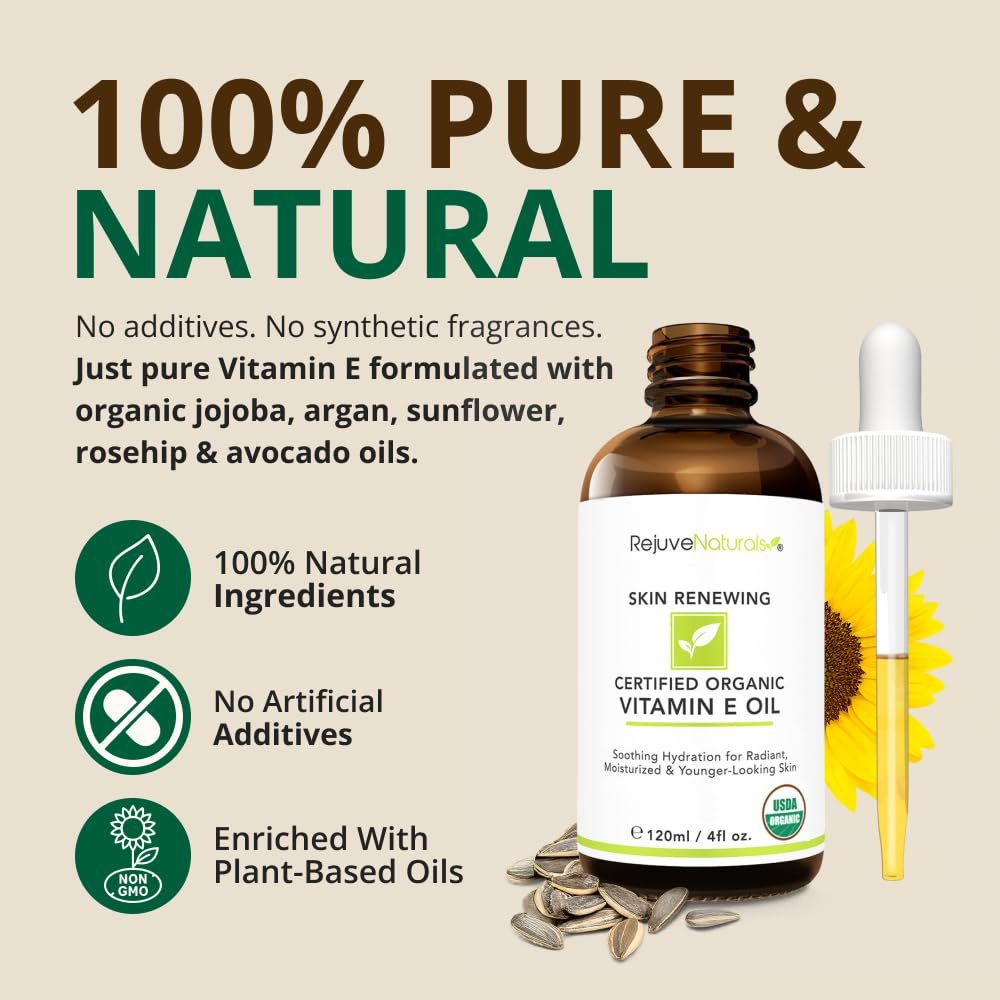Vitamin E Oil - 100% All Natural & USDA Organic (LARGE 4oz Bottle) Repair Dry, Damaged Skin from Surgery & Acne, Age Spots. For Radiant, Hydrated & Youthful Skin. Face & Body Moisturizer Avelisse