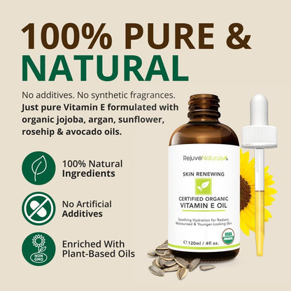 Vitamin E Oil - 100% All Natural & USDA Organic (LARGE 4oz Bottle) Repair Dry, Damaged Skin from Surgery & Acne, Age Spots. For Radiant, Hydrated & Youthful Skin. Face & Body Moisturizer Avelisse