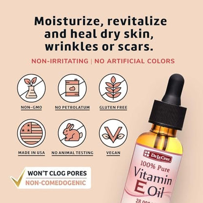 De La Cruz Vitamin E Oil for Face 28,000 IU - Pure, Natural, No Preservatives - Made in USA, 1 Fl Oz