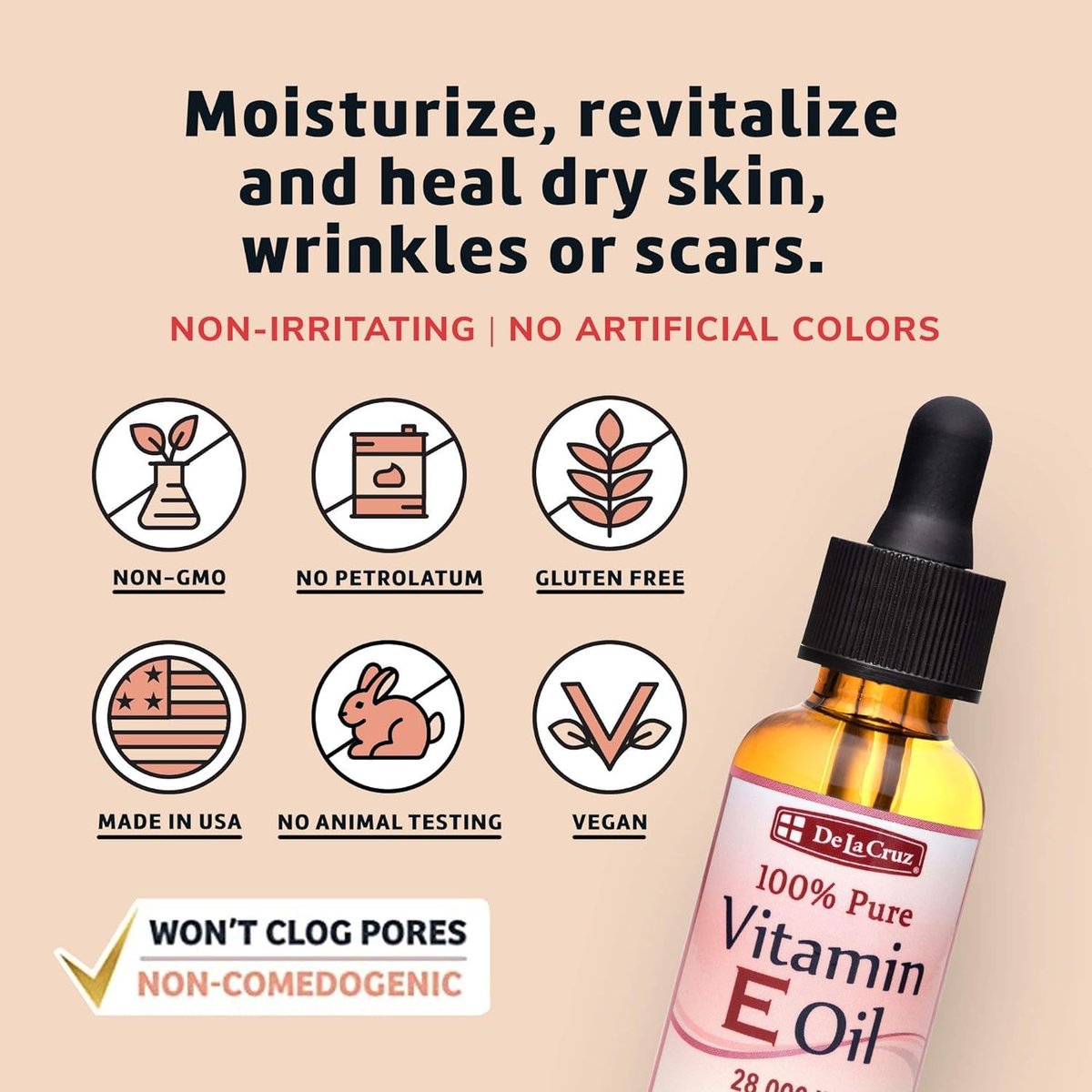 De La Cruz Vitamin E Oil for Face 28,000 IU - Pure, Natural, No Preservatives - Made in USA, 1 Fl Oz - görsel 3