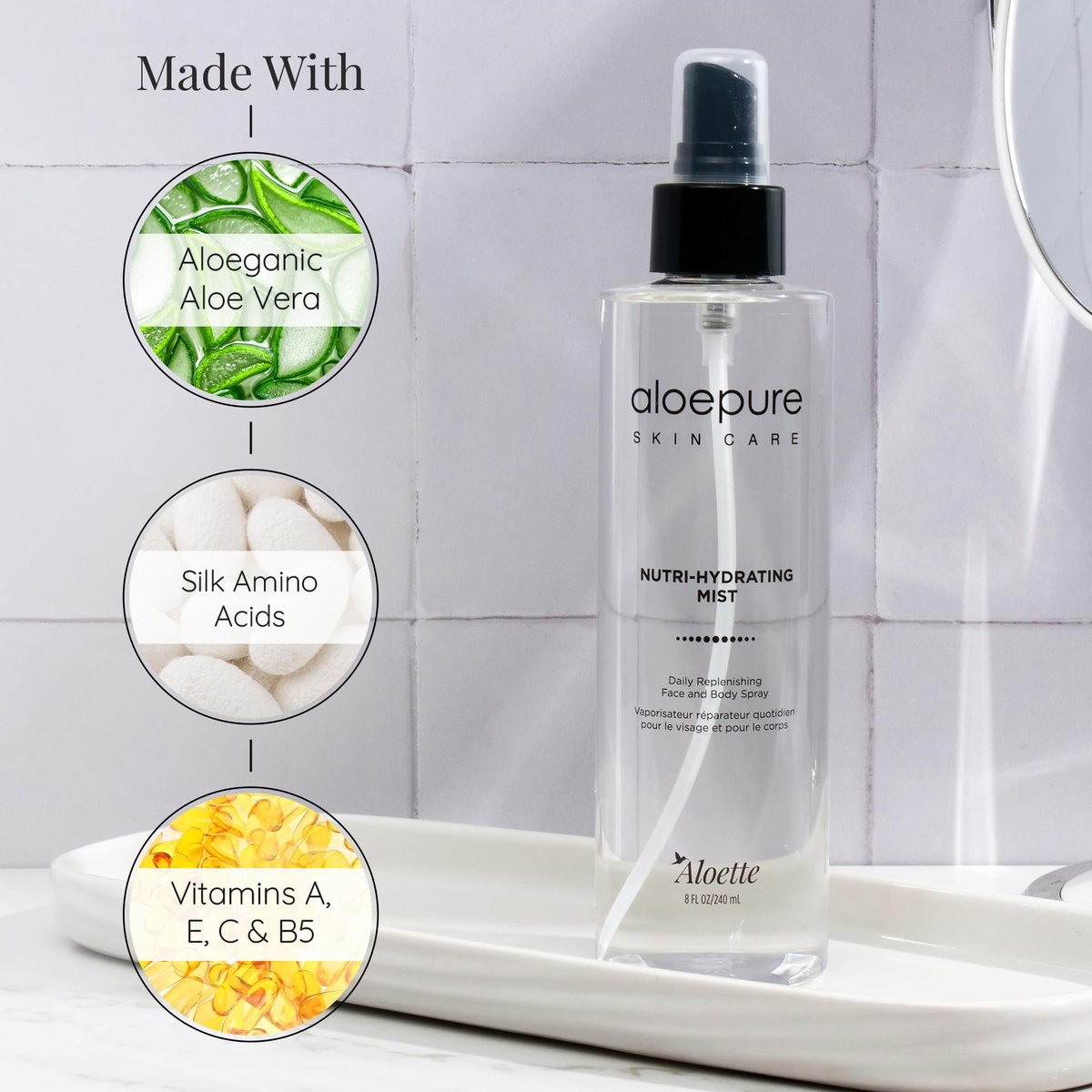 Aloette Nutri-Hydrating Mist After Sun Spray – Aloe Vera Facial & Body Mist with Silk Amino Acids, Vitamins A, E, C & B5 – Hydrating Face, Neck & Skin Spray for a Glowing Complexion – 8oz Avelisse