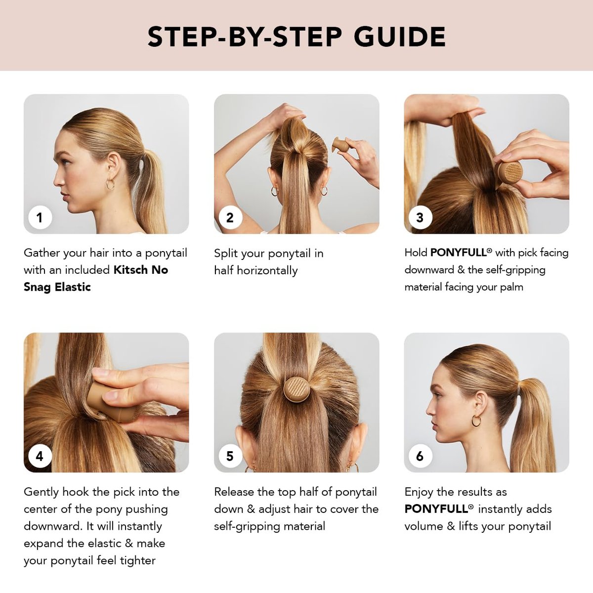 Kitsch PONYFULL Hair Volumizer Tool - Adds Lift and Style To Your Ponytail | Hair Bun Maker for Women | Ponytail Volumizer, Includes 3 No Snag Elastic Ties | Ideal Gifts for Women - (Blonde) - görsel 7