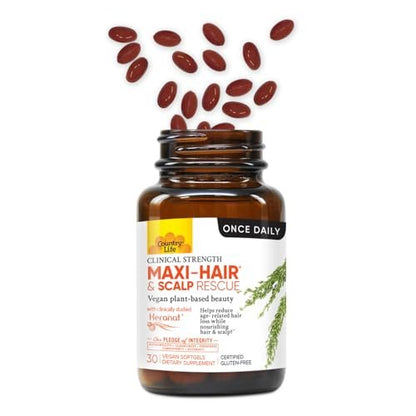 Country Life Maxi-Hair & Scalp Rescue, Clinical Strength Plant-Based Beauty, 30 Softgels, Gluten Free Avelisse