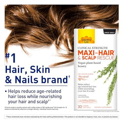 Country Life Maxi-Hair & Scalp Rescue, Clinical Strength Plant-Based Beauty, 30 Softgels, Gluten Free Avelisse