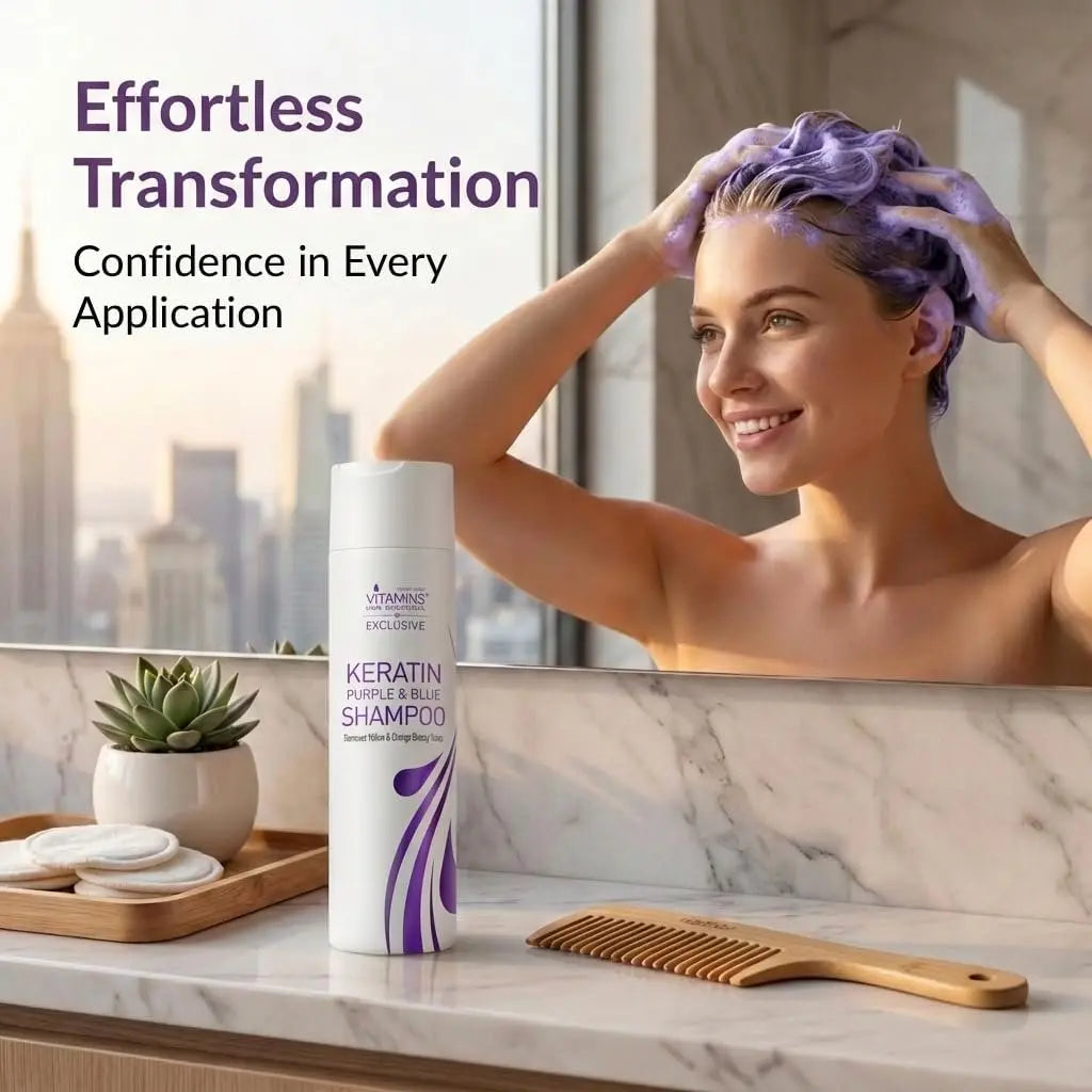 VITAMINS Hair Cosmetics Keratin Purple Shampoo for Blondes – Blue Shampoo Toner for Bleached Hair, Eliminates Brassiness & Repairs Blonde, Silver, Grey, White & Ash Gray Locks (8.5 Fl Oz) Avelisse