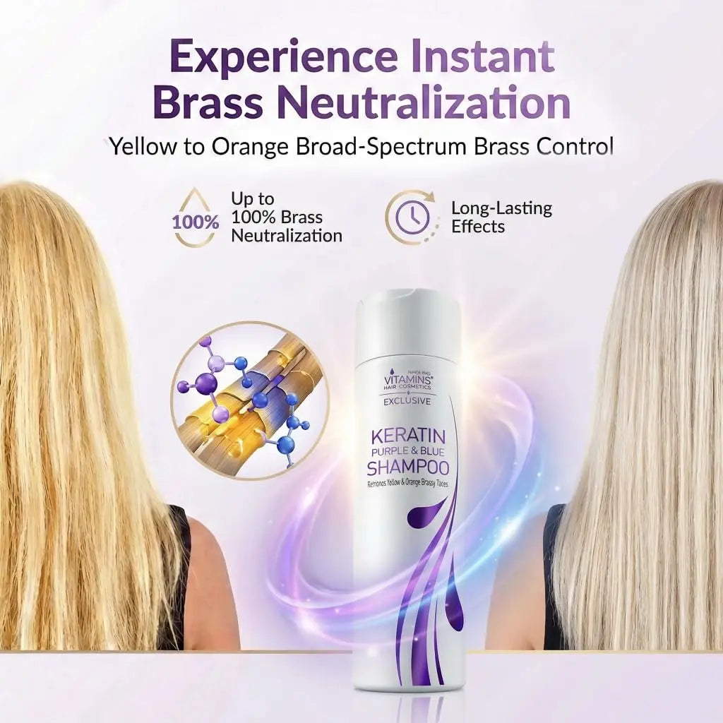 VITAMINS Hair Cosmetics Keratin Purple Shampoo for Blondes – Blue Shampoo Toner for Bleached Hair, Eliminates Brassiness & Repairs Blonde, Silver, Grey, White & Ash Gray Locks (8.5 Fl Oz) Avelisse
