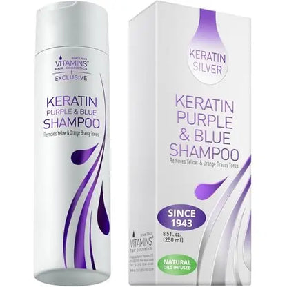 VITAMINS Hair Cosmetics Keratin Purple Shampoo for Blondes – Blue Shampoo Toner for Bleached Hair, Eliminates Brassiness & Repairs Blonde, Silver, Grey, White & Ash Gray Locks (8.5 Fl Oz) Avelisse