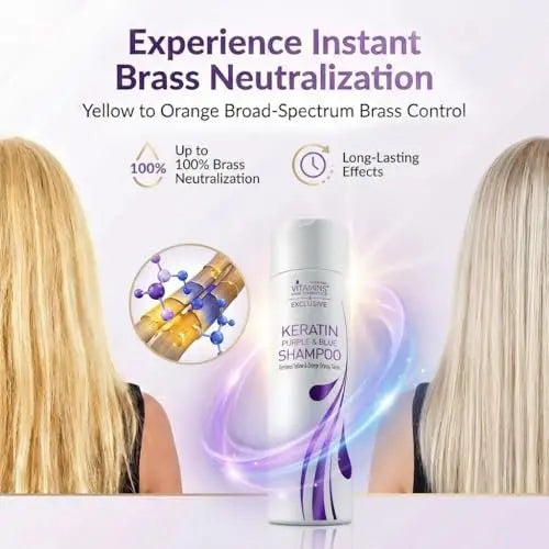 VITAMINS Hair Cosmetics Keratin Purple Shampoo for Blondes – Blue Shampoo Toner for Bleached Hair, Eliminates Brassiness & Repairs Blonde, Silver, Grey, White & Ash Gray Locks (8.5 Fl Oz) Avelisse