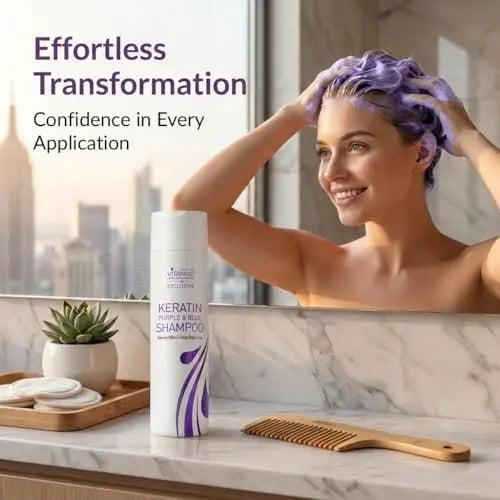VITAMINS Hair Cosmetics Keratin Purple Shampoo for Blondes – Blue Shampoo Toner for Bleached Hair, Eliminates Brassiness & Repairs Blonde, Silver, Grey, White & Ash Gray Locks (8.5 Fl Oz) Avelisse