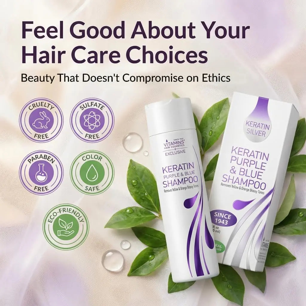 VITAMINS Hair Cosmetics Keratin Purple Shampoo for Blondes – Blue Shampoo Toner for Bleached Hair, Eliminates Brassiness & Repairs Blonde, Silver, Grey, White & Ash Gray Locks (8.5 Fl Oz) Avelisse