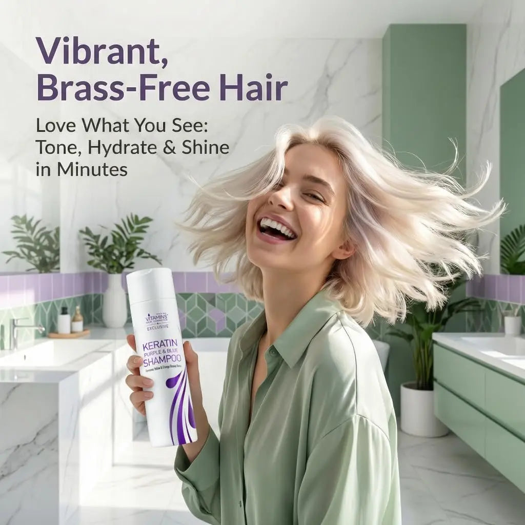 VITAMINS Hair Cosmetics Keratin Purple Shampoo for Blondes – Blue Shampoo Toner for Bleached Hair, Eliminates Brassiness & Repairs Blonde, Silver, Grey, White & Ash Gray Locks (8.5 Fl Oz) Avelisse