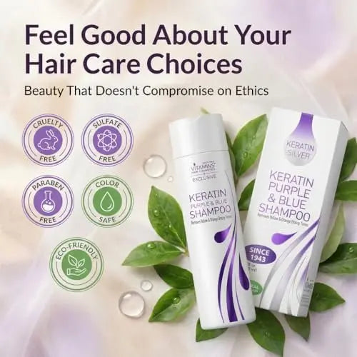 VITAMINS Hair Cosmetics Keratin Purple Shampoo for Blondes – Blue Shampoo Toner for Bleached Hair, Eliminates Brassiness & Repairs Blonde, Silver, Grey, White & Ash Gray Locks (8.5 Fl Oz) Avelisse