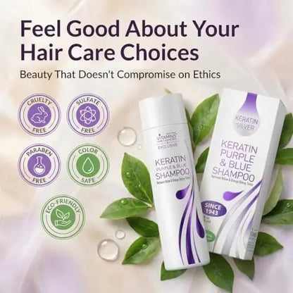 VITAMINS Hair Cosmetics Keratin Purple Shampoo for Blondes – Blue Shampoo Toner for Bleached Hair, Eliminates Brassiness & Repairs Blonde, Silver, Grey, White & Ash Gray Locks (8.5 Fl Oz) Avelisse