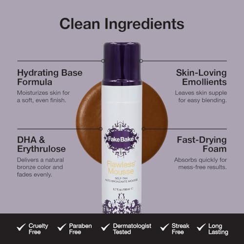 Fake Bake Flawless Self Tanning Mousse – Streak-Free, Natural Glow for All Skin Tones, Black Coconut Scent, 6.7 oz with Mitt Avelisse