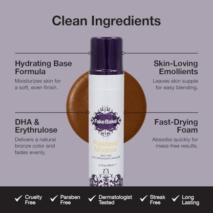 Fake Bake Flawless Self Tanning Mousse – Streak-Free, Natural Glow for All Skin Tones, Black Coconut Scent, 6.7 oz with Mitt Avelisse