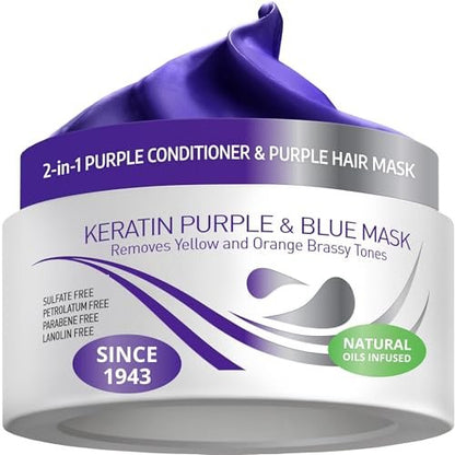 VITAMINS Hair Cosmetics Keratin Purple Hair Mask - Deep Conditioner with Blonde Toner to Neutralize Brassiness for Silver, Gray, White, and Blonde Hair (8.5 Fl Oz) Avelisse
