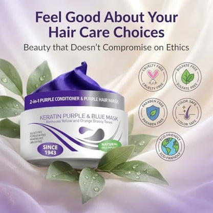 VITAMINS Hair Cosmetics Keratin Purple Hair Mask - Deep Conditioner with Blonde Toner to Neutralize Brassiness for Silver, Gray, White, and Blonde Hair (8.5 Fl Oz) Avelisse