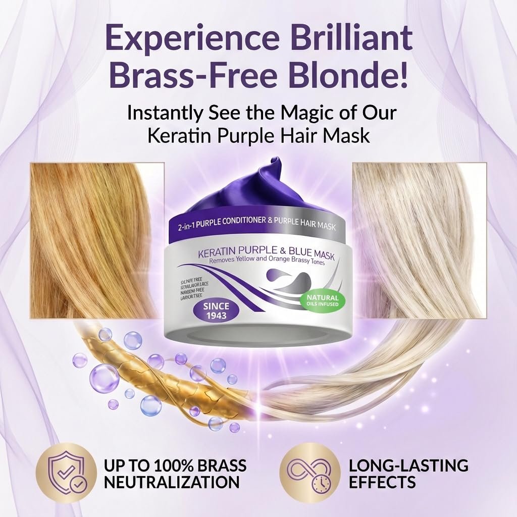 VITAMINS Hair Cosmetics Keratin Purple Hair Mask - Deep Conditioner with Blonde Toner to Neutralize Brassiness for Silver, Gray, White, and Blonde Hair (8.5 Fl Oz) Avelisse