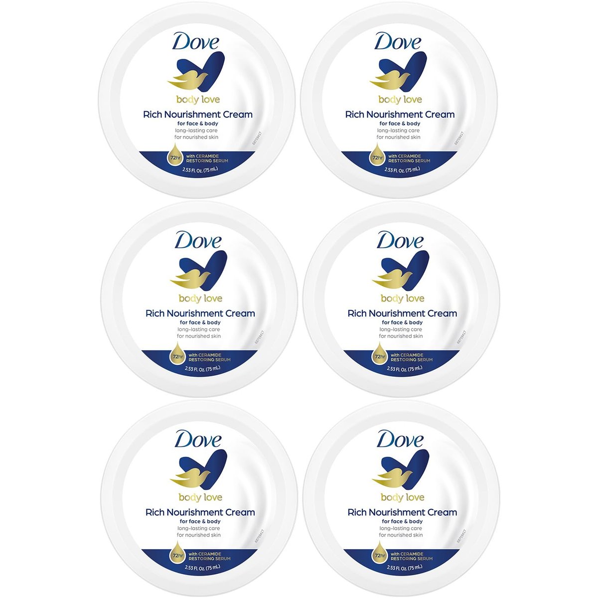 Dove Body Love Rich Nourishment Cream for Extremely Dry Skin, 72-Hour Moisturizing Formula with Ceramide Serum, Travel Size 2.53 oz (Pack of 6) Avelisse