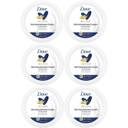 Dove Body Love Rich Nourishment Cream for Extremely Dry Skin, 72-Hour Moisturizing Formula with Ceramide Serum, Travel Size 2.53 oz (Pack of 6) Avelisse