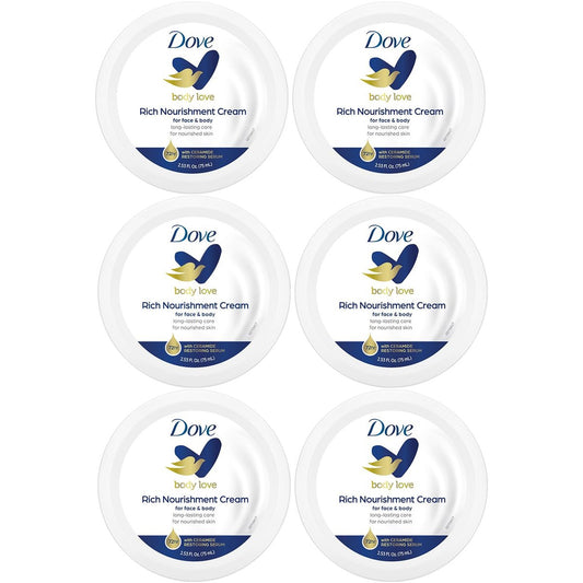 Dove Body Love Rich Nourishment Cream for Extremely Dry Skin, 72-Hour Moisturizing Formula with Ceramide Serum, Travel Size 2.53 oz (Pack of 6) Avelisse