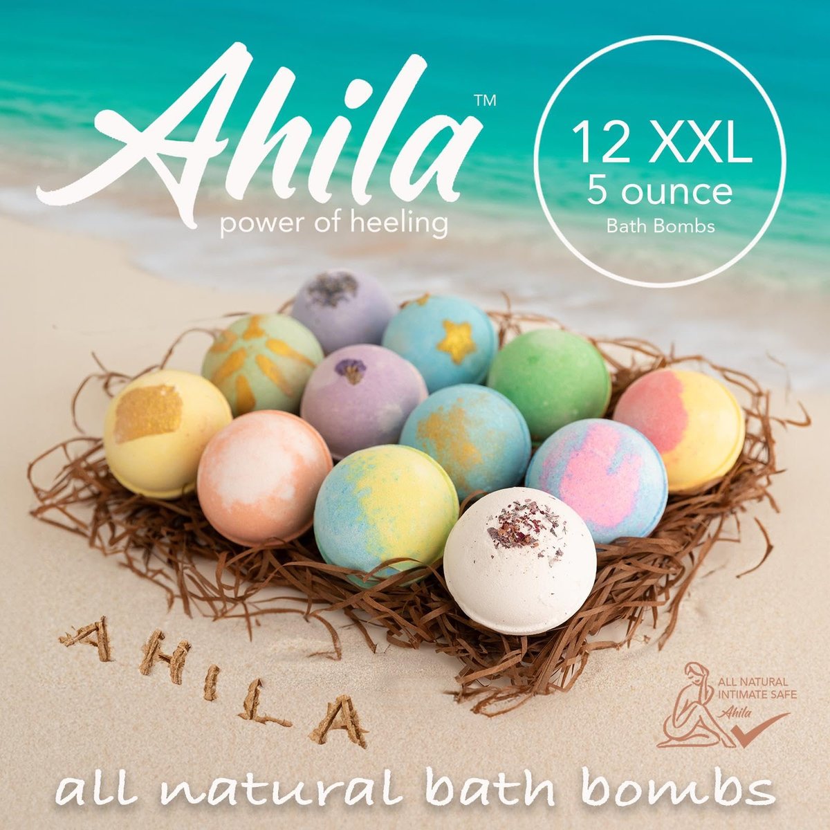 Ahila Power of Healing 12 XXL Bubbly Organic Bath Bombs Gift Set - Long Lasting Floaters, Relaxing Aromatherapy with Pure Essential Oils, Shea Butter & Coconut Butter - Designed in Canada Avelisse
