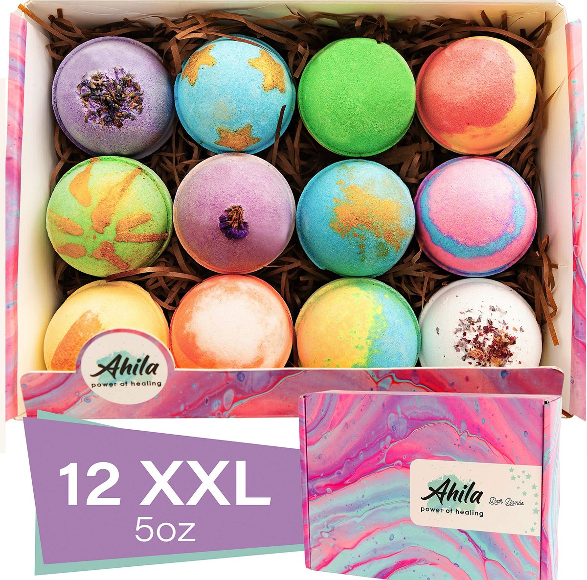 Ahila Power of Healing 12 XXL Bubbly Organic Bath Bombs Gift Set - Long Lasting Floaters, Relaxing Aromatherapy with Pure Essential Oils, Shea Butter & Coconut Butter - Designed in Canada Avelisse