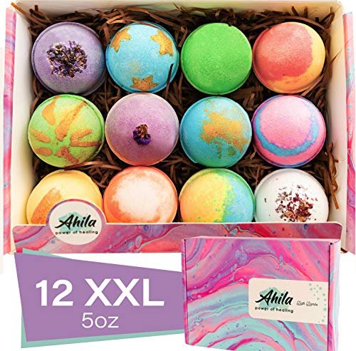Ahila Power of Healing 12 XXL Bubbly Organic Bath Bombs Gift Set - Long Lasting Floaters, Relaxing Aromatherapy with Pure Essential Oils, Shea Butter & Coconut Butter - Designed in Canada Avelisse