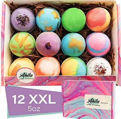 Ahila Power of Healing 12 XXL Bubbly Organic Bath Bombs Gift Set - Long Lasting Floaters, Relaxing Aromatherapy with Pure Essential Oils, Shea Butter & Coconut Butter - Designed in Canada Avelisse